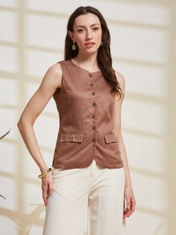 Latin Quarters - Brown Solid Round Neck Sleeveless Casual Wais coat