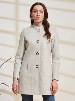 Latin Quarters - Off White Solid Mandarin Collar Full Sleeve Casual Coat