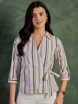 Uptownie - Grey Pure Cotton Striped Wrap Waistcoat