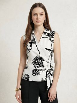 Uptownie - White Pure Cotton Floral Wrap Waistcoat