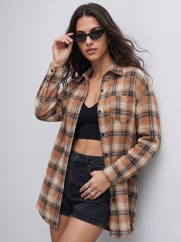 Outzidr - Brown Longline Checkered Shirt