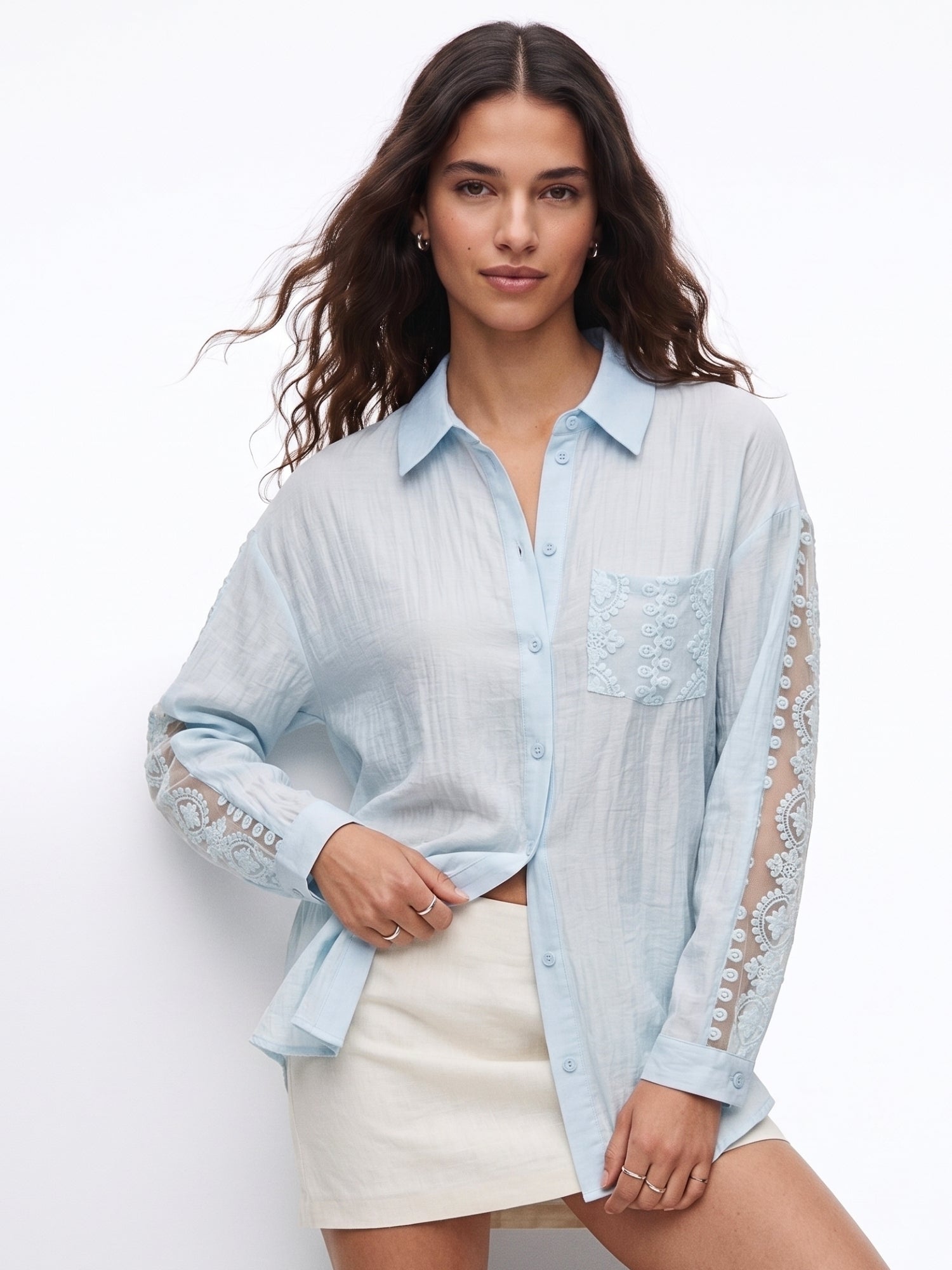 outzidr Blue Lace Patch Oversized Shirt-picture-15