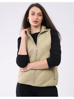 Monte Carlo - Khaki Women's Collar Neck Sleeveless Jacket
