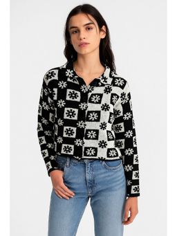 NOBARR - Women's Acrylic Full Sleeve with Black and White Checked Floral Knit Cardigan