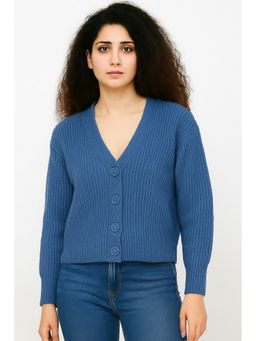 NOBARR - Women's Blue V-Neck with Full Sleeve Acrylic Down Shoulder Cardigan