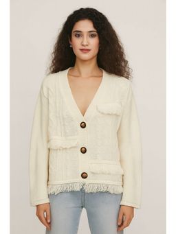 NOBARR - Women's Polyester Full Sleeve Textured Fringe Detail Cardigan