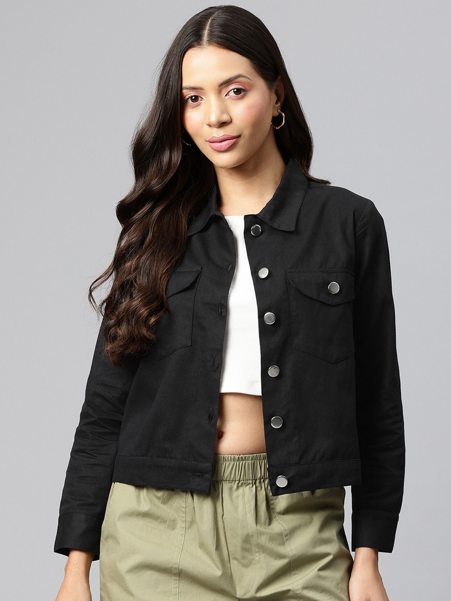 popnetic Women's Black Solid Pure Cotton Denim Jacket-picture-33