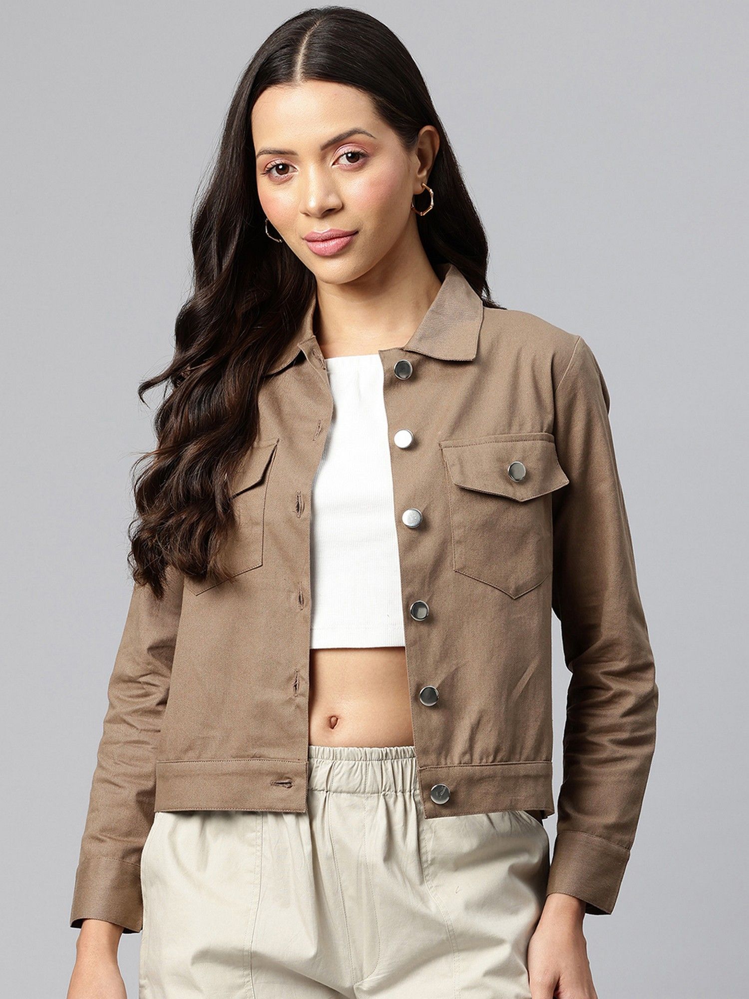 popnetic Women's Taupe Solid Pure Cotton Denim Jacket-picture-21