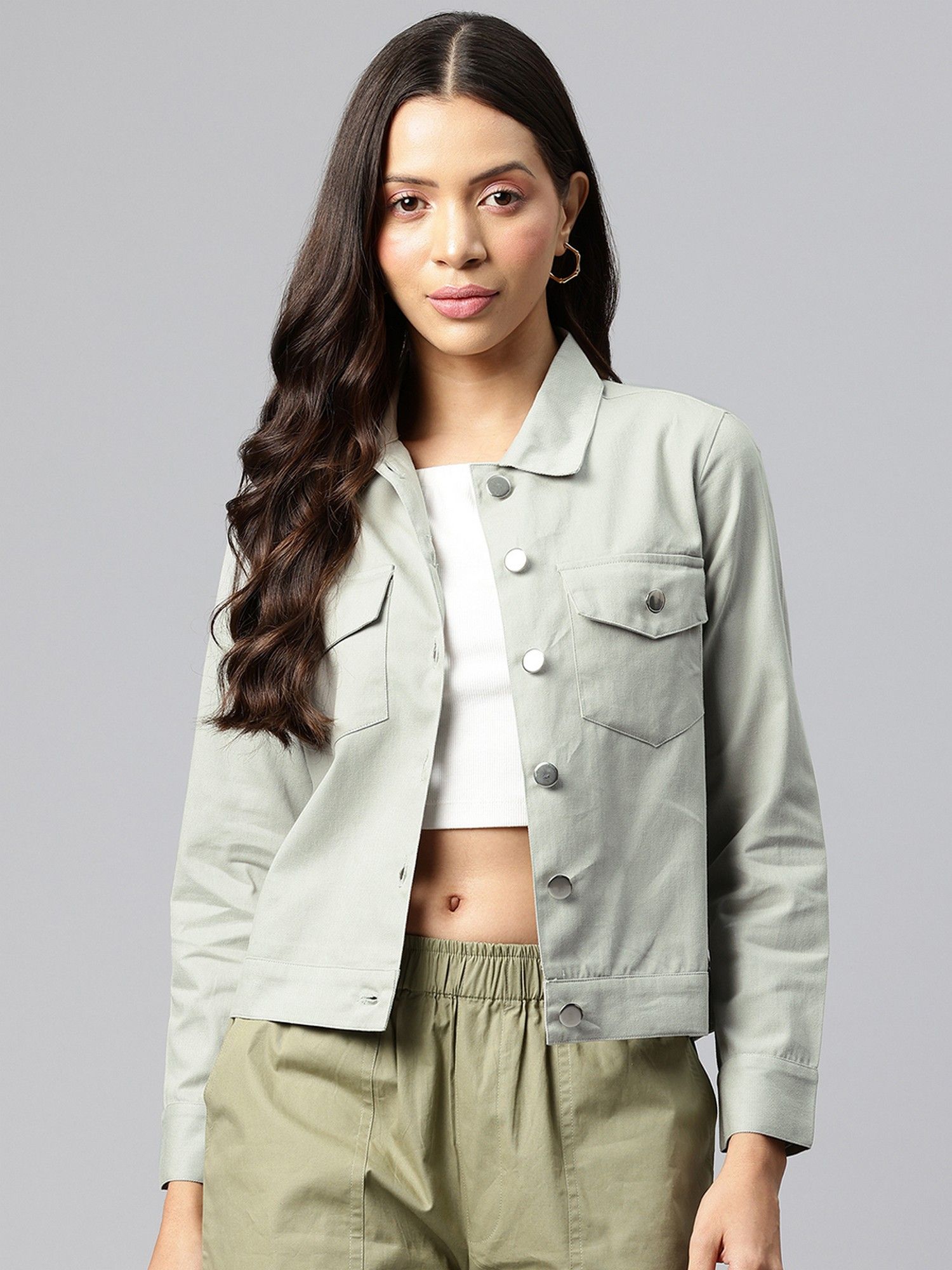 popnetic Women's Steel Grey Solid Pure Cotton Denim Jacket-picture-10