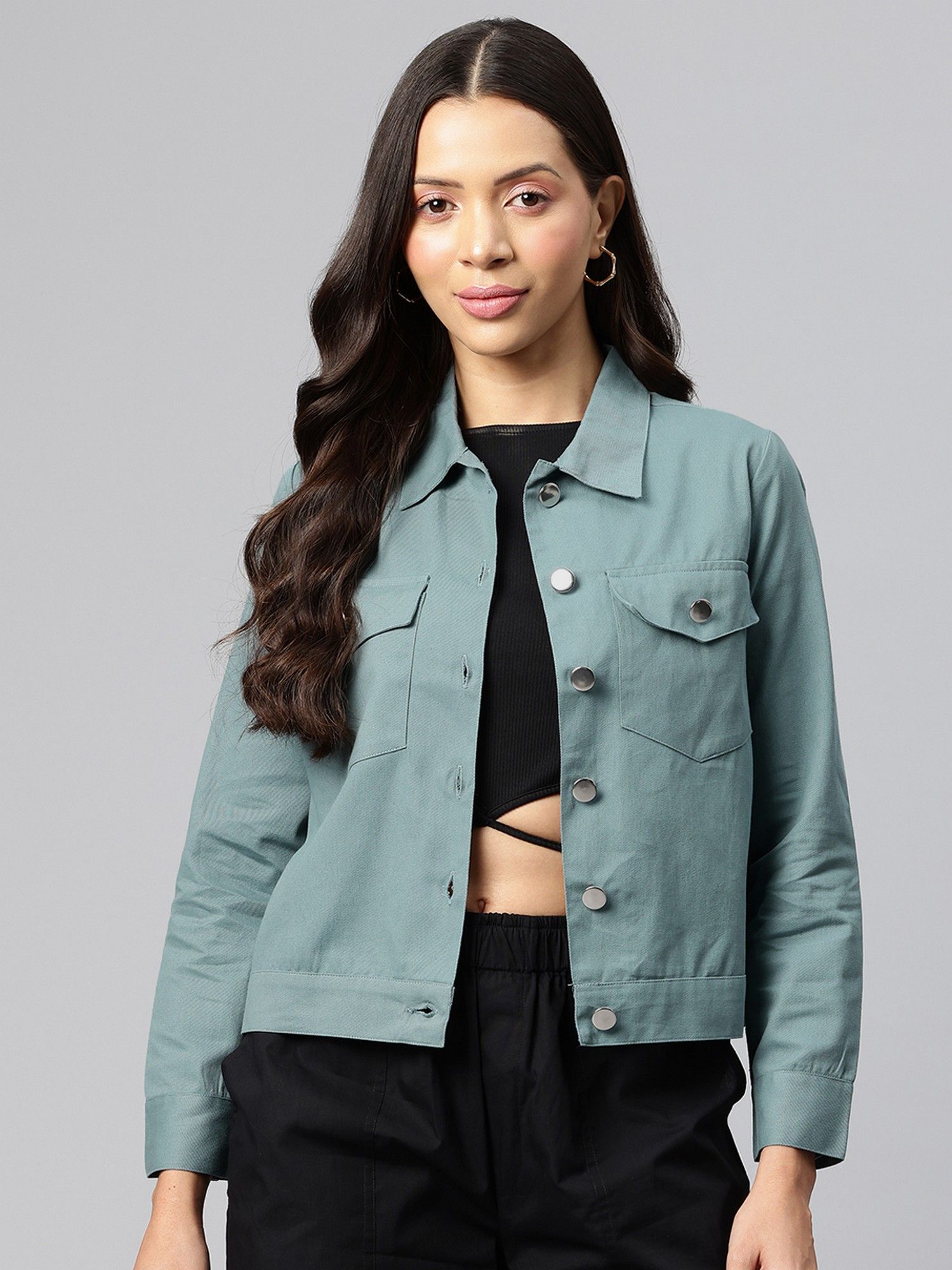 popnetic Women's Teal Solid Pure Cotton Denim Jacket-picture-24