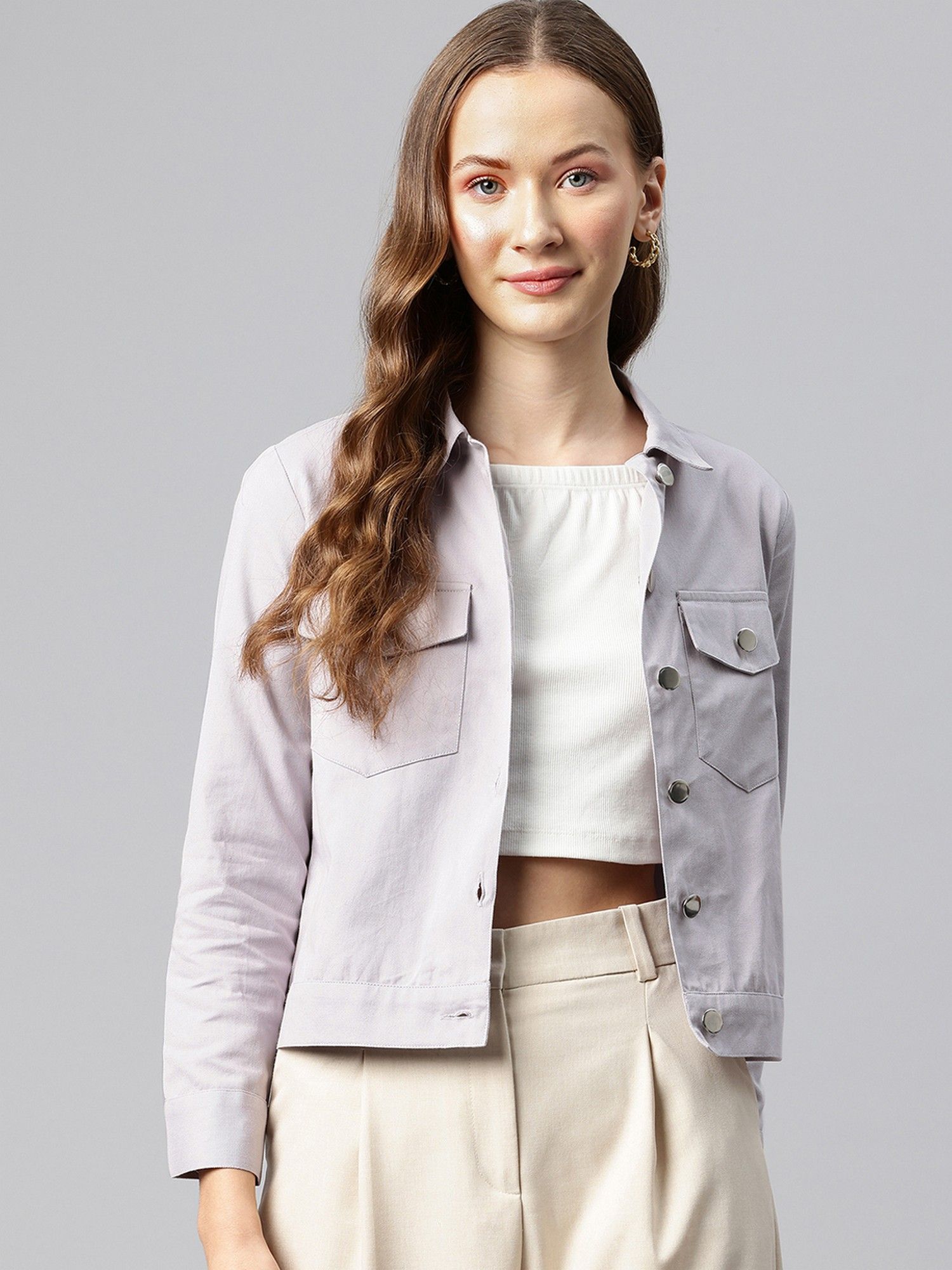 popnetic Women's Light Lavender Solid Pure Cotton Denim Jacket-picture-12