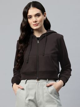 Popnetic - Women's Solid Brown Hooded Cropped Fleece Hoodie