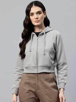 Popnetic - Women's Solid Grey Hooded Cropped Fleece Hoodie