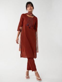 max - Women Rust Festive Straight Fit Kurta and Pant with Dupatta