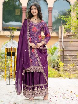 Odette - Women Purple Wedding Regular Fit Kurta and Palazzo with Dupatta