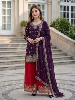 Odette - Women Purple Wedding Regular Fit Kurta and Palazzo with Dupatta
