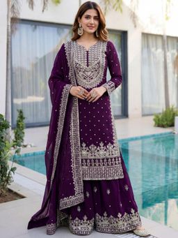 Odette - Women Purple Wedding Regular Fit Kurta and Palazzo with Dupatta
