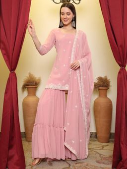 INDDUS - Women Pink Wedding Straight Fit Kurta and Sharara and Dupatta