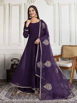 INDDUS - Women Purple Wedding Flared Fit Kurta and Sharara and Dupatta