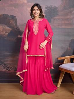 INDDUS - Women Pink Wedding Straight Fit Kurti and Sharara with Dupatta