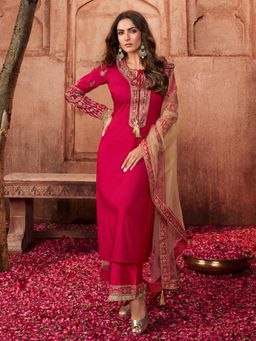 INDDUS - Women Magenta Festive Straight Fit Kurta and Trouser and Dupatta