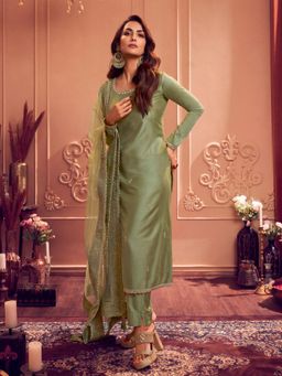 INDDUS - Women Green Festive Straight Fit Kurta and Pant with Dupatta