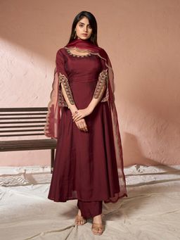 INDDUS - Women Maroon Festive Flared Fit Kurti and Palazzo with Dupatta