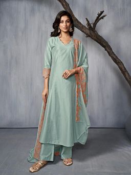 INDDUS - Women Blue Festive Flared Fit Kurti and Palazzo with Dupatta