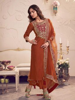 INDDUS - Women Rust Festive Straight Fit Kurta and Pant with Dupatta