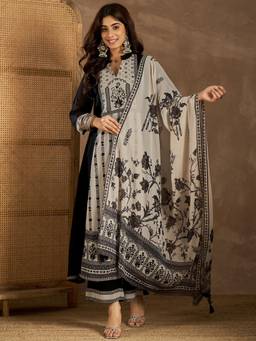 INDDUS - Women Black Festive Flared Fit Kurti and Palazzo with Dupatta