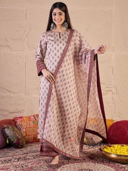 INDDUS - Women Pink Festive Straight Fit Kurta and Palazzo with Dupatta