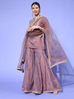 INDDUS - Women Lavender Wedding Straight Fit Kurti and Sharara with Dupatta