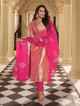 INDDUS - Women Pink Festive Straight Fit Kurta and Pant with Dupatta