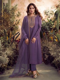 INDDUS - Women Purple Festive Flared Fit Kurta and Pant with Dupatta