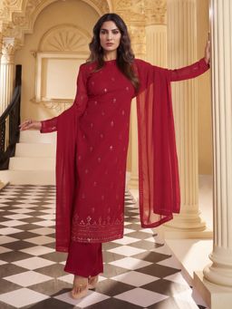 INDDUS - Women Red Festive Straight Fit Kurta and Pant with Dupatta