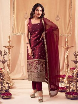 INDDUS - Women Maroon Festive Straight Fit Kurta and Pant with Dupatta