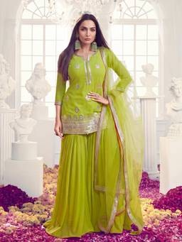 INDDUS - Women Green Wedding A-Line Fit Kurta and Sharara and Dupatta