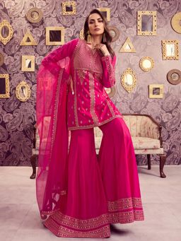 INDDUS - Women Pink Wedding A-Line Fit Kurta and Sharara and Dupatta