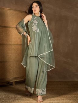 INDDUS - Women Green Festive A-Line Fit Kurti and Pant with Dupatta