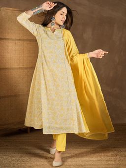 INDDUS - Women Yellow Festive Flared Fit Kurta and Pant with Dupatta