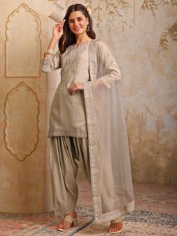INDDUS - Women Beige Festive Flared Fit Kurti and Salwar with Dupatta
