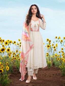 INDDUS - Women Off White Festive Flared Fit Anarkali Kurta and Pant with Dupatta
