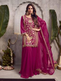 INDDUS - Women Magenta Festive A-Line Fit Kurta and Palazzo with Dupatta