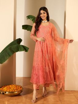 INDDUS - Women Peach Festive Flared Fit Anarkali Kurta and Pant with Dupatta