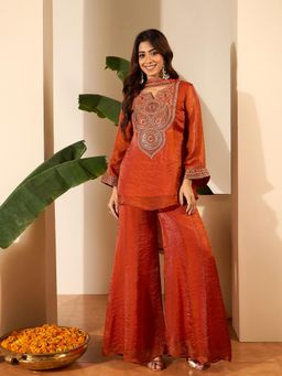 INDDUS - Women Rust Festive A-Line Fit Kurti and Palazzo with Dupatta