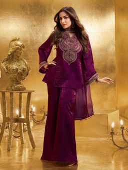 INDDUS - Women Purple Festive A-Line Fit Kurti and Palazzo with Dupatta