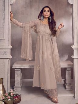 INDDUS - Women Beige Festive Flared Fit Kurta and Palazzo with Dupatta