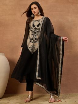 INDDUS - Women Black Festive Flared Fit Kurta and Trouser and Dupatta
