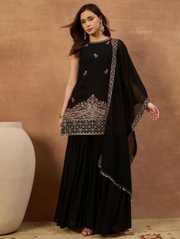 INDDUS - Women Black Wedding A-Line Fit Kurta and Sharara and Dupatta