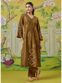Lakshita - Women Olive Festive A-Line Fit Kurta and Pant